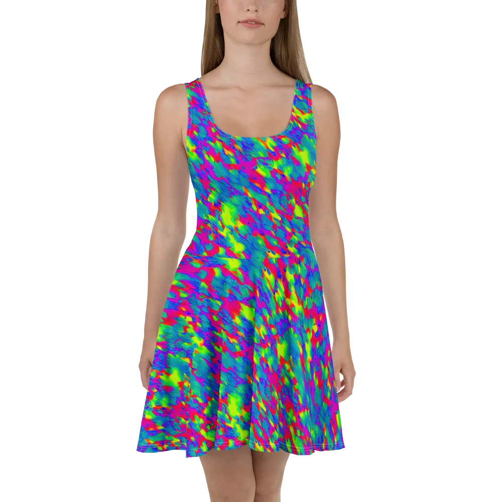 Turquoise Brushfire on Skater Dress — Front