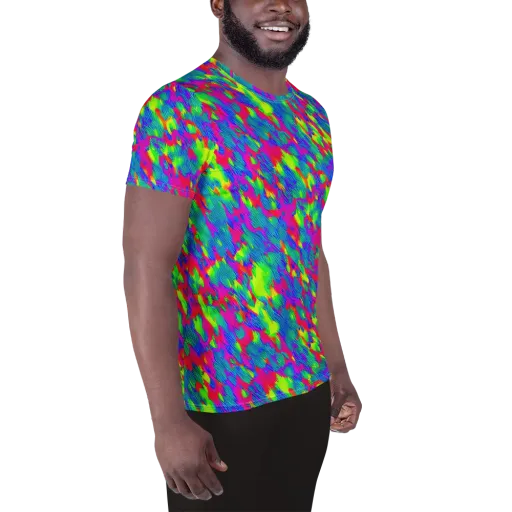 Turquoise Brushfire on a Men's Athletic T-Shirt