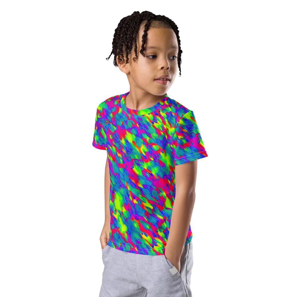 Turquoise Brushfire on Kids Crew Neck T-Shirt — Left Front