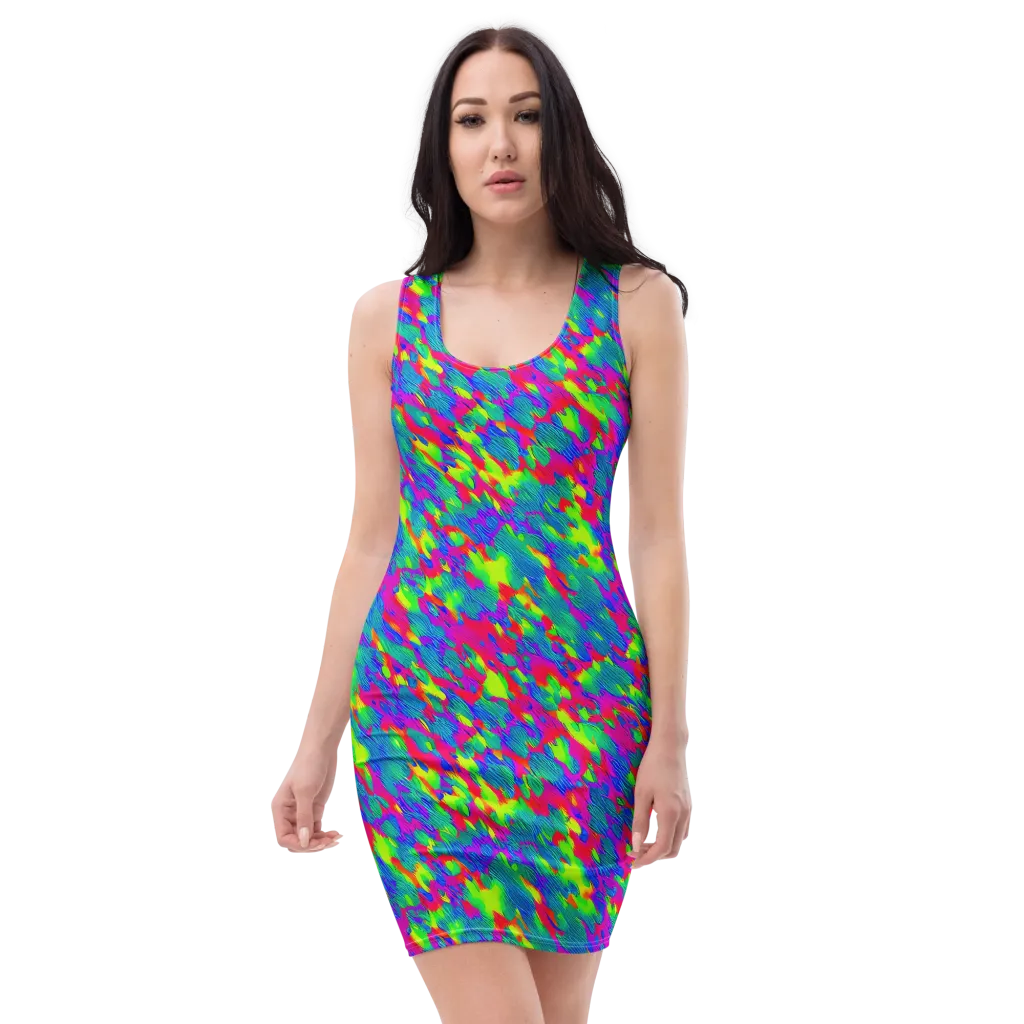 Turquoise Brushfire on Bodycon Dress — Front