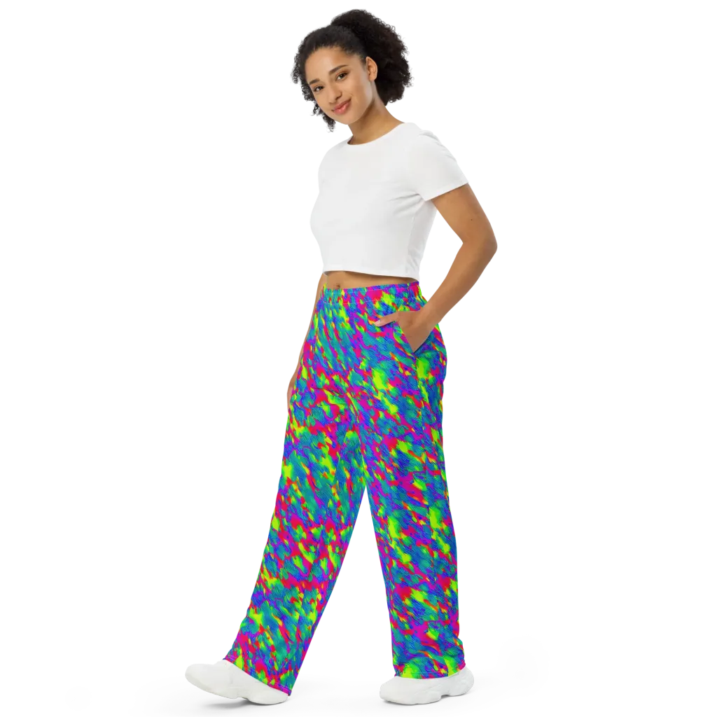 Turquoise Brushfire on Wide-Leg Pants — Left Front