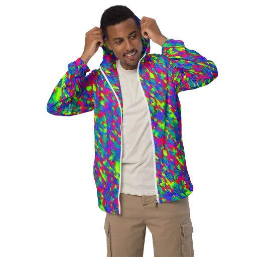 Turquoise Brushfire on a Men's Windbreaker