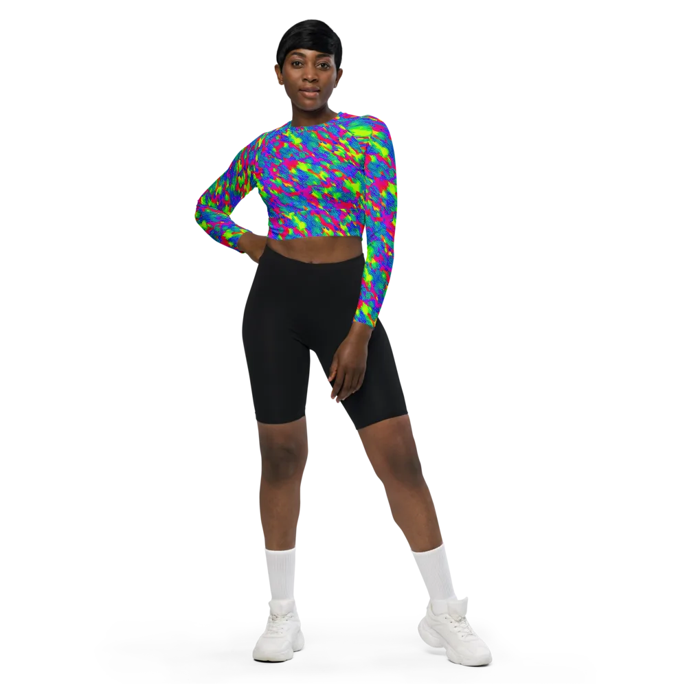 Turquoise Brushfire on Long Sleeve Crop Top — Front