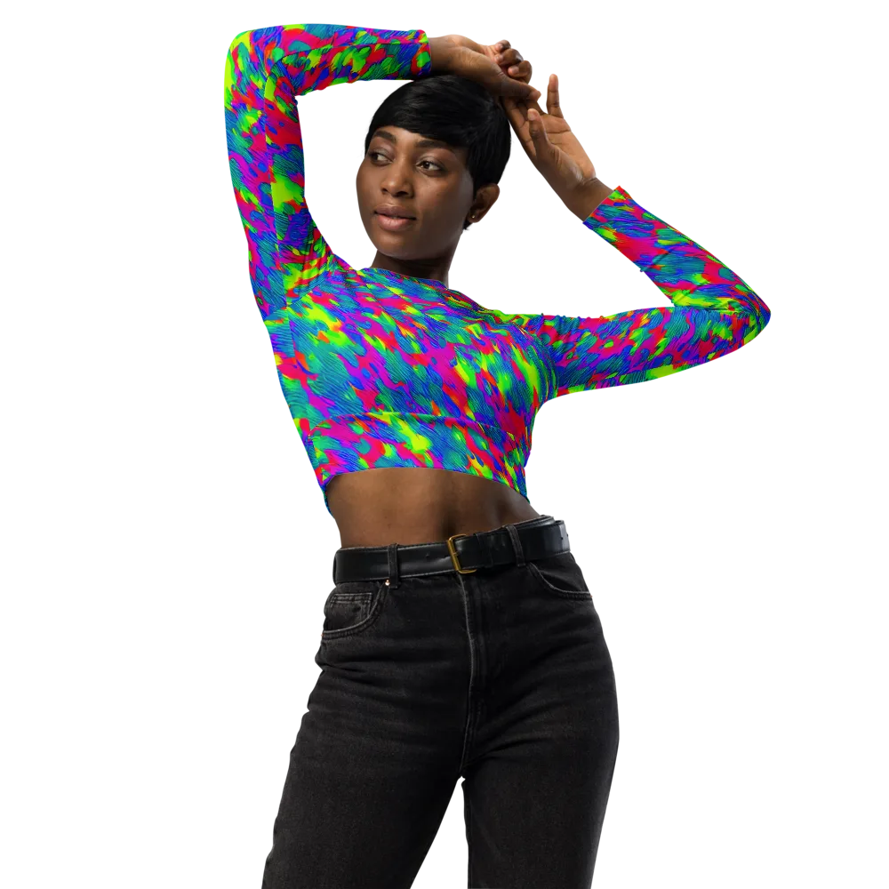 Turquoise Brushfire on Long Sleeve Crop Top — Front