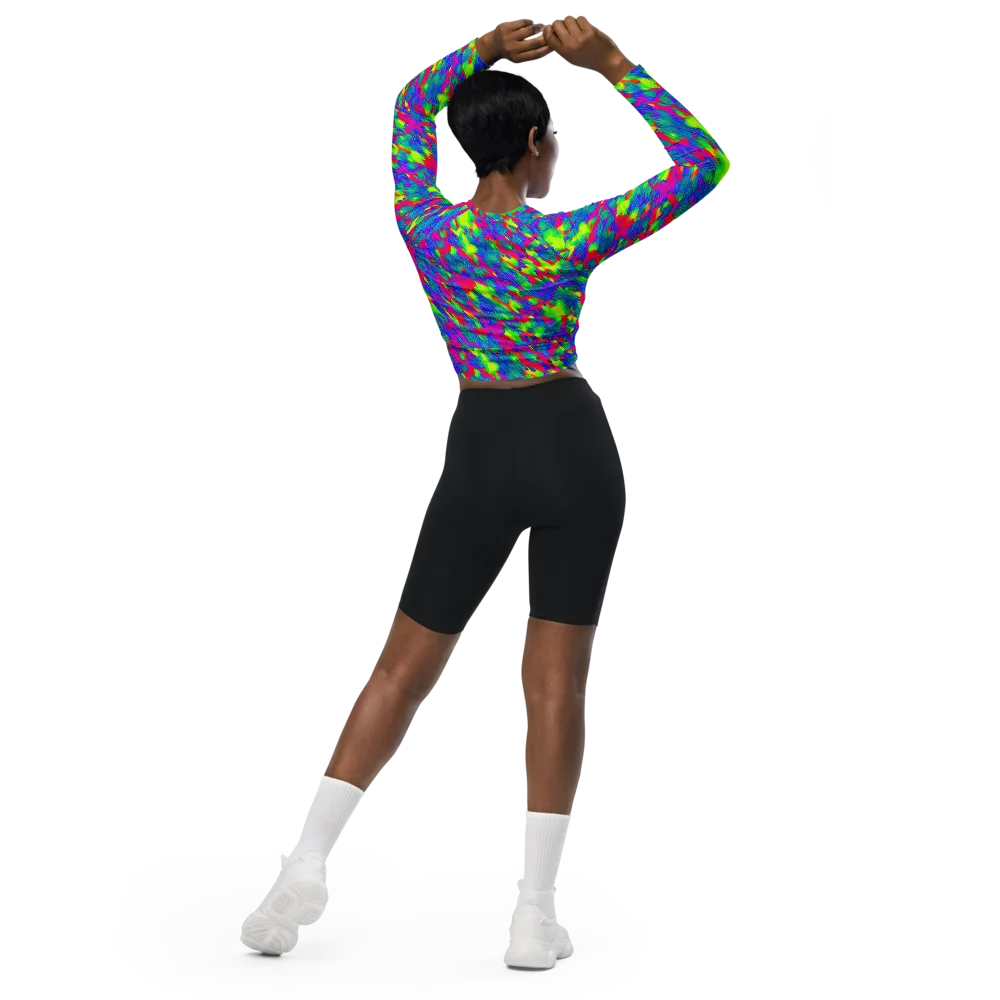 Turquoise Brushfire on Long Sleeve Crop Top — Back