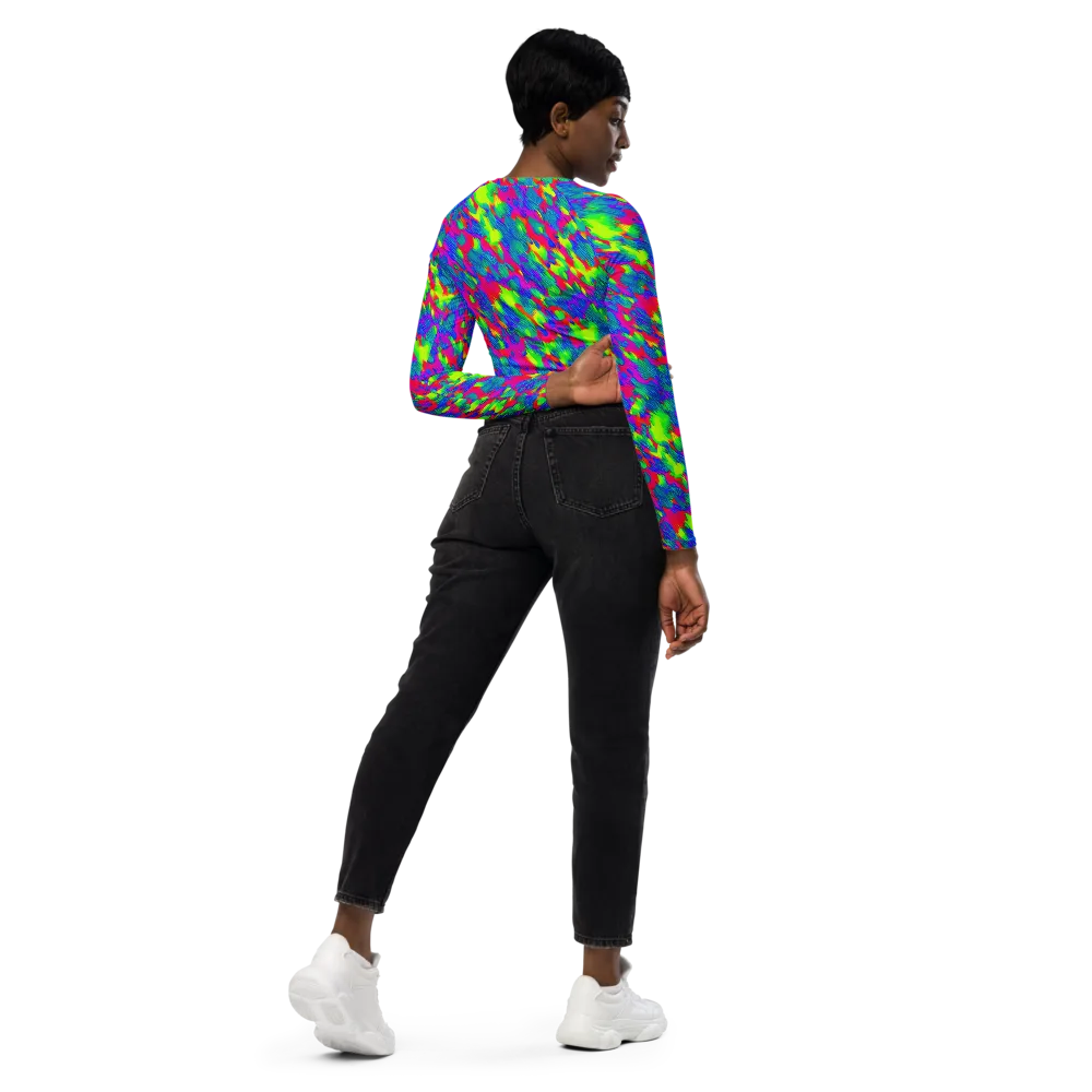 Turquoise Brushfire on Long Sleeve Crop Top — Right Back