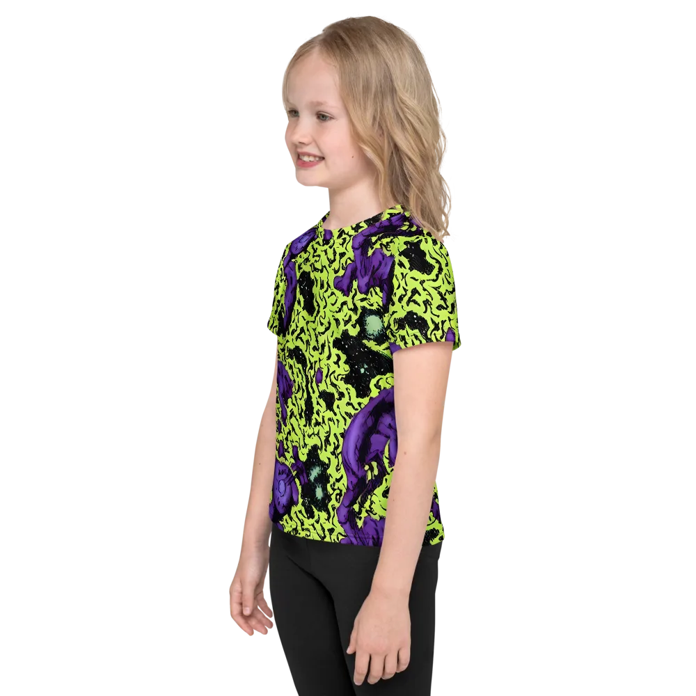 Violet Mayhem on Kids Crew Neck T-Shirt — Left