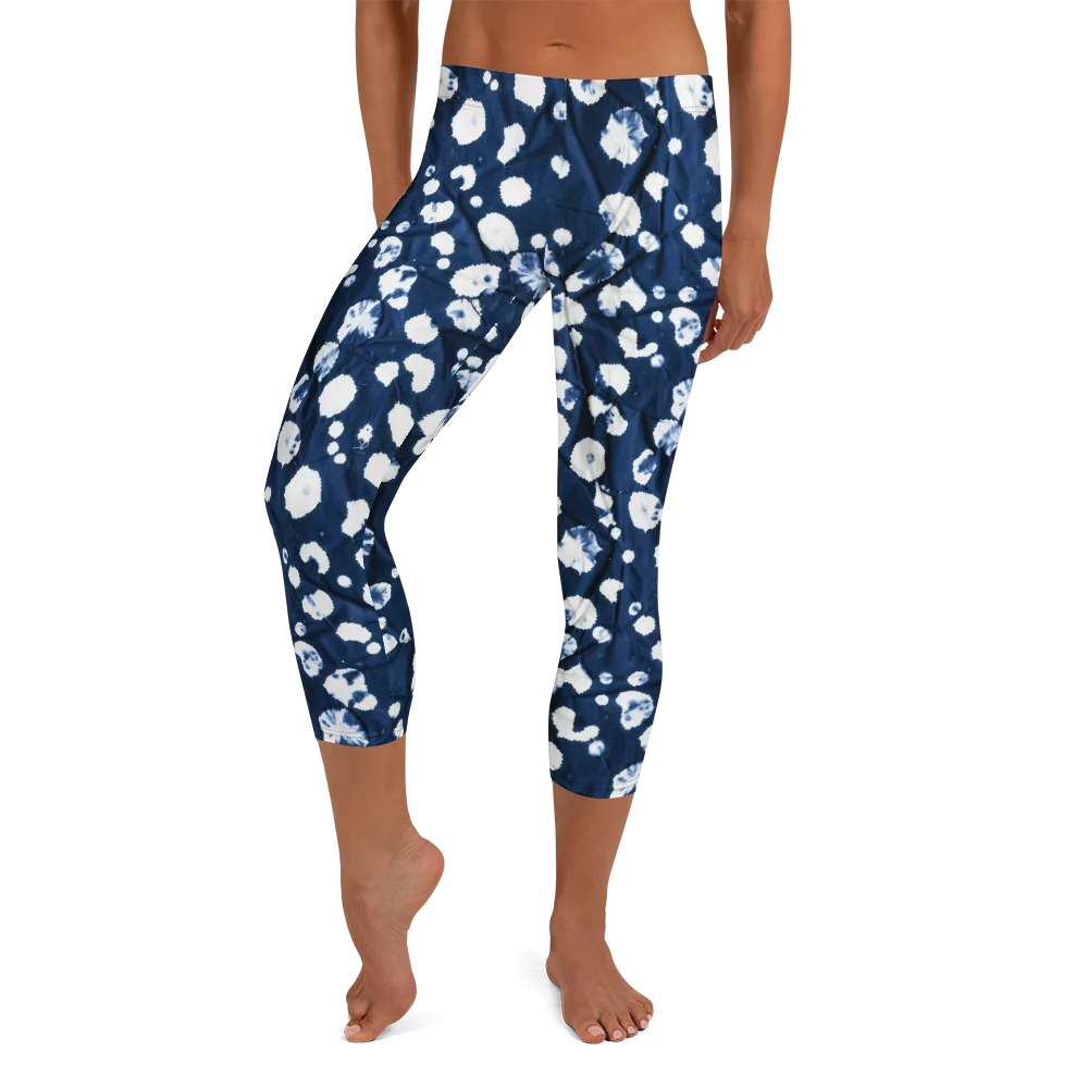 Indigo Confetti on Capri Leggings — Front