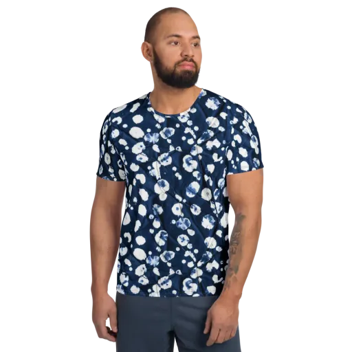 Indigo Confetti on a Men's Athletic T-Shirt