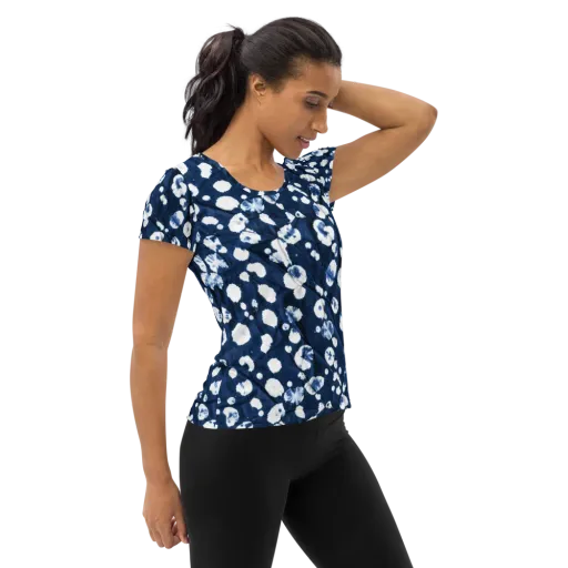 Indigo Confetti on a Women's Athletic T-Shirt