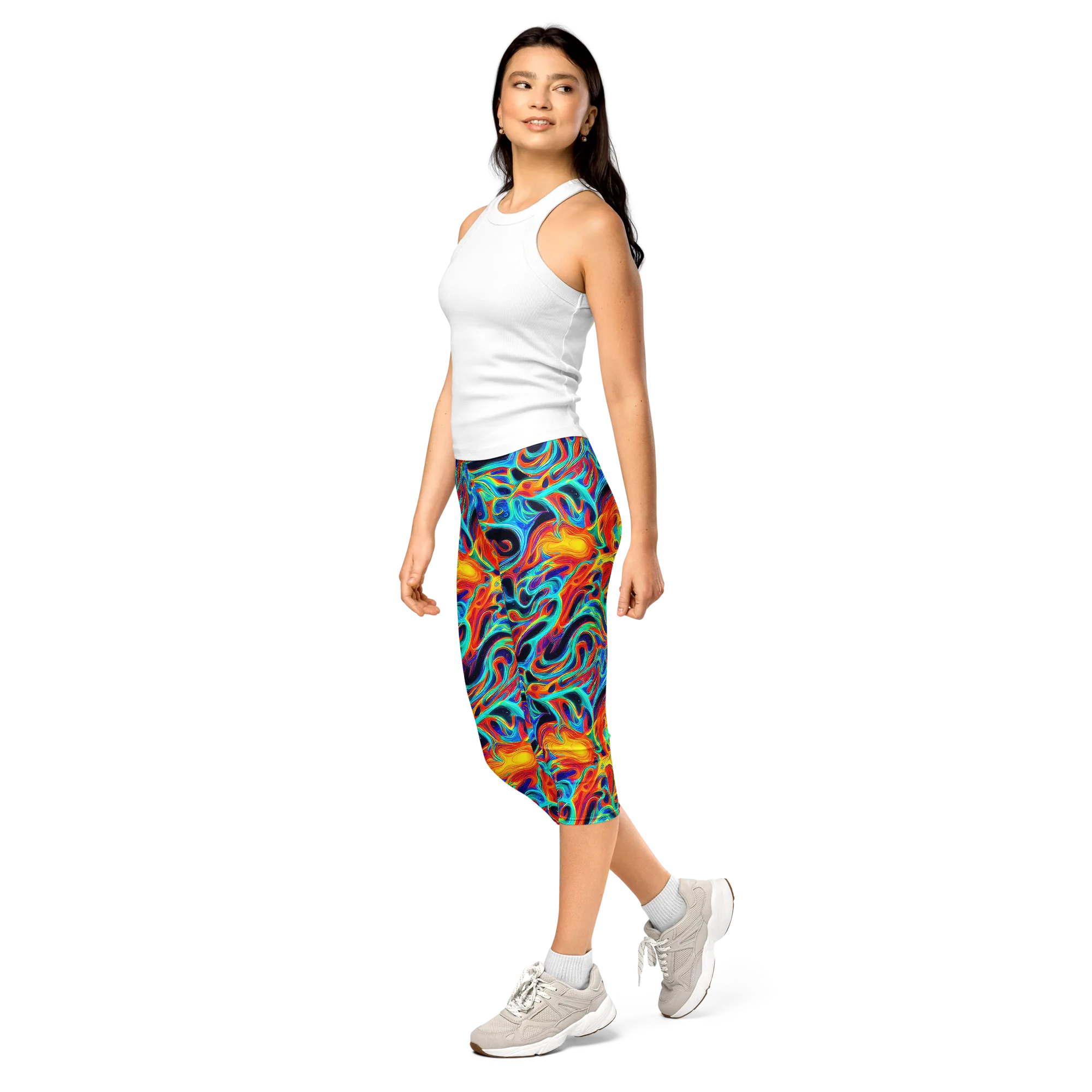 Cyan Ember Maze on Capri Leggings — Left Front