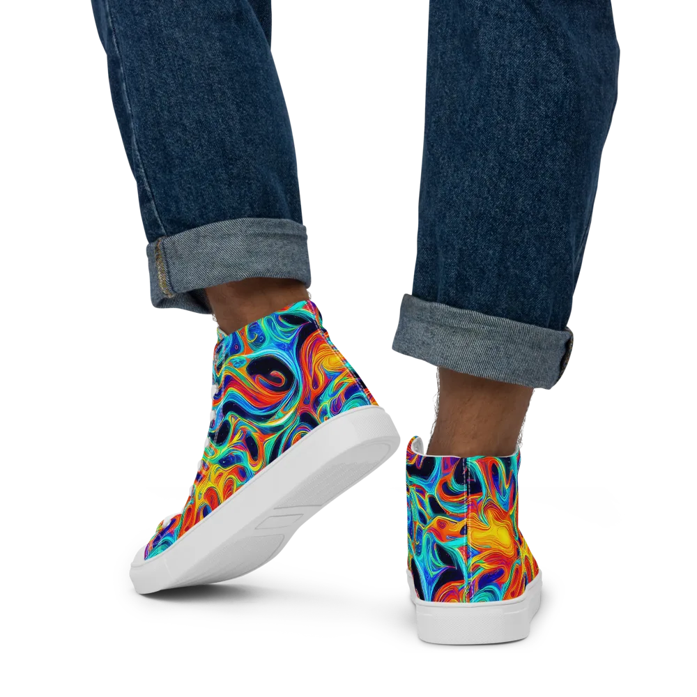 Cyan Ember Maze on Men's High Top Canvas Shoes — Back