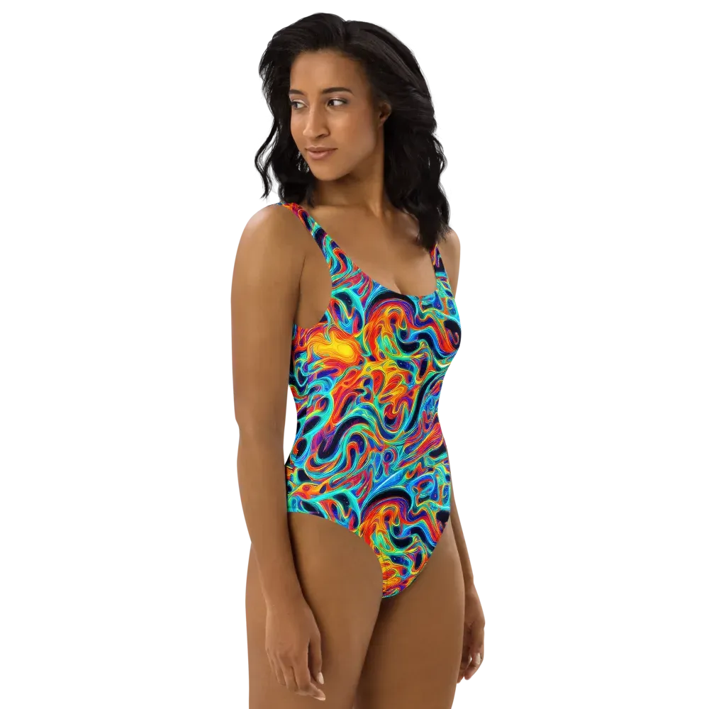 Cyan Ember Maze on One-Piece Swimsuit — Right