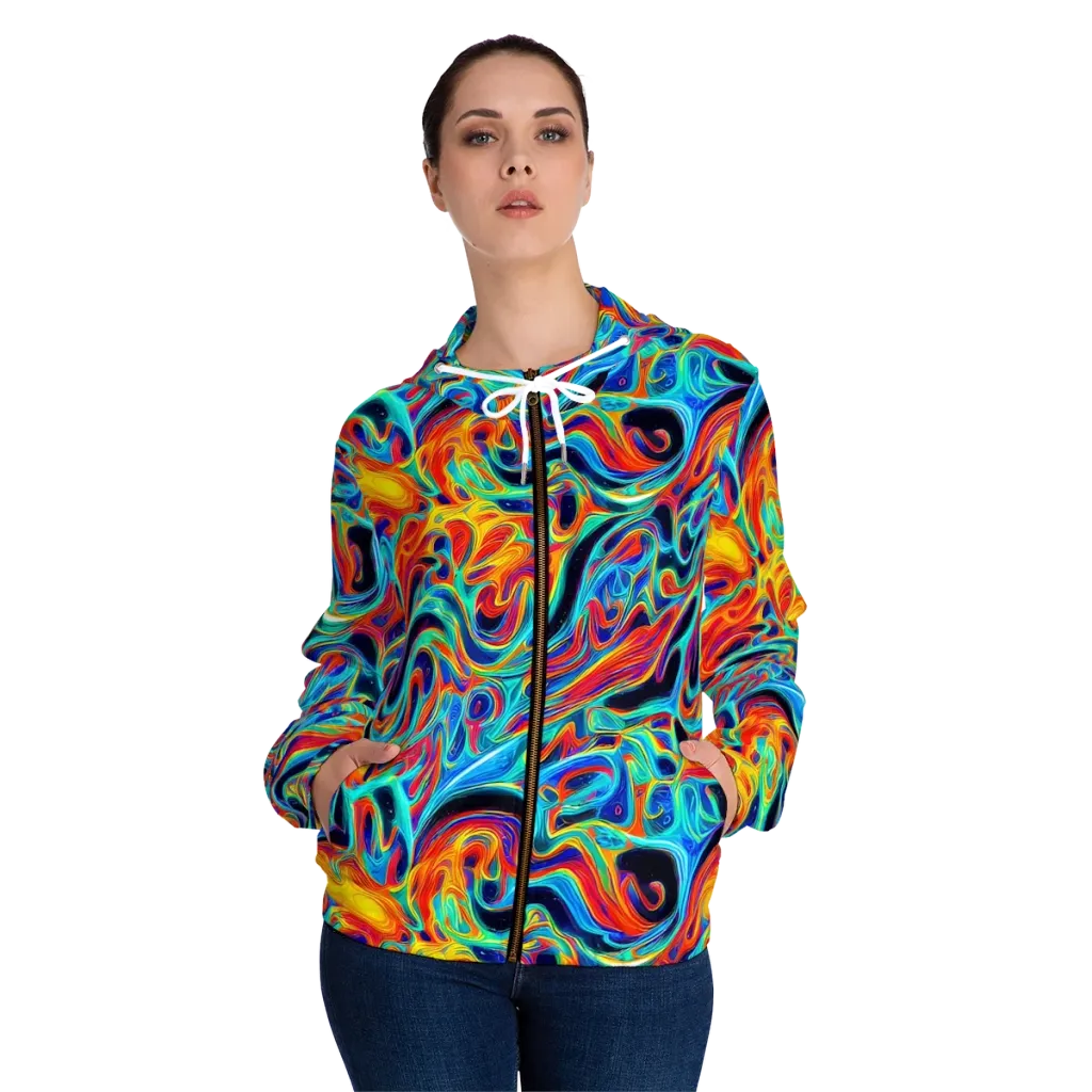 Cyan Ember Maze on Women's Full-Zip Hoodie — Front On Person