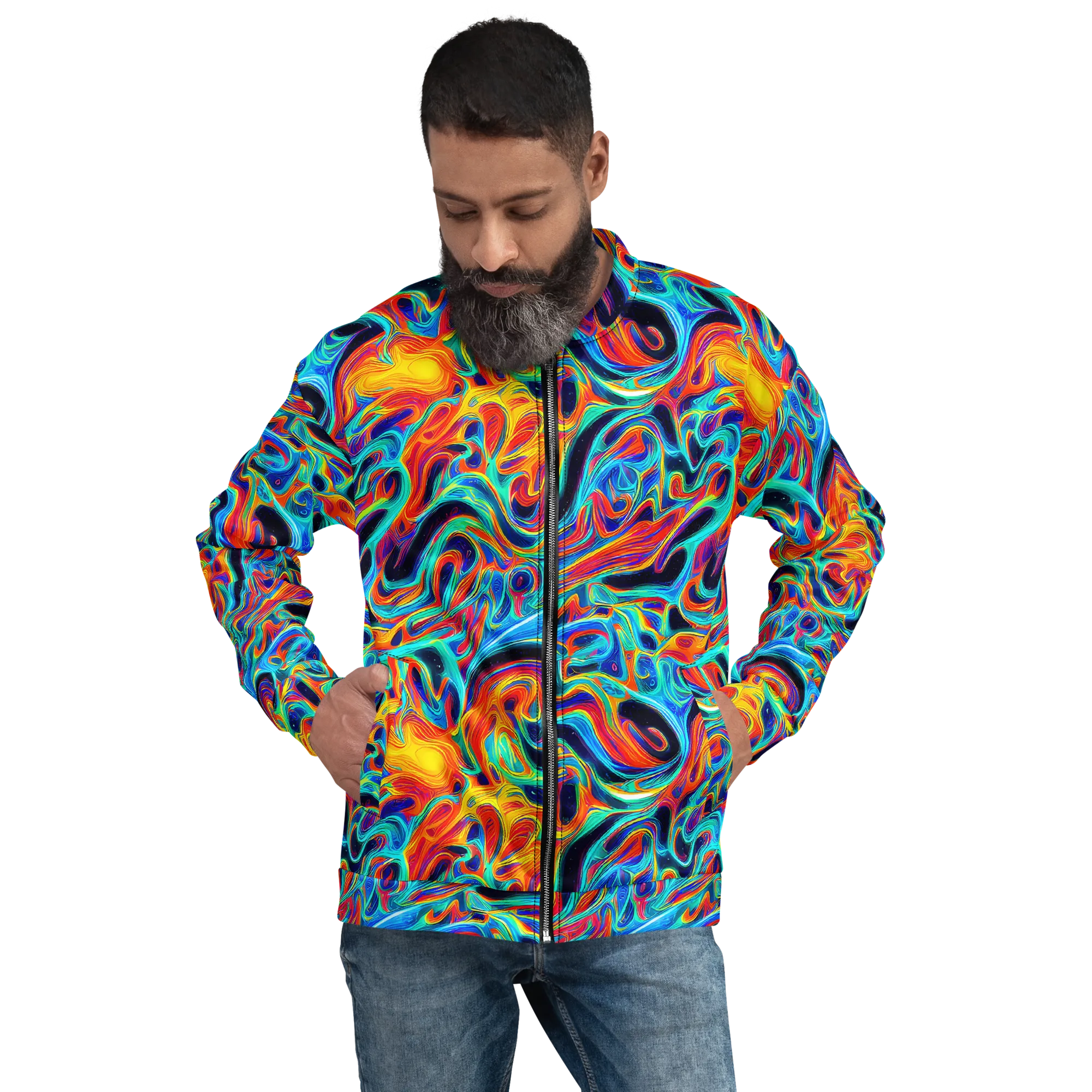 Cyan Ember Maze on Bomber Jacket — Front
