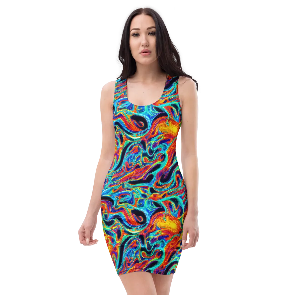Cyan Ember Maze on Bodycon Dress — Front