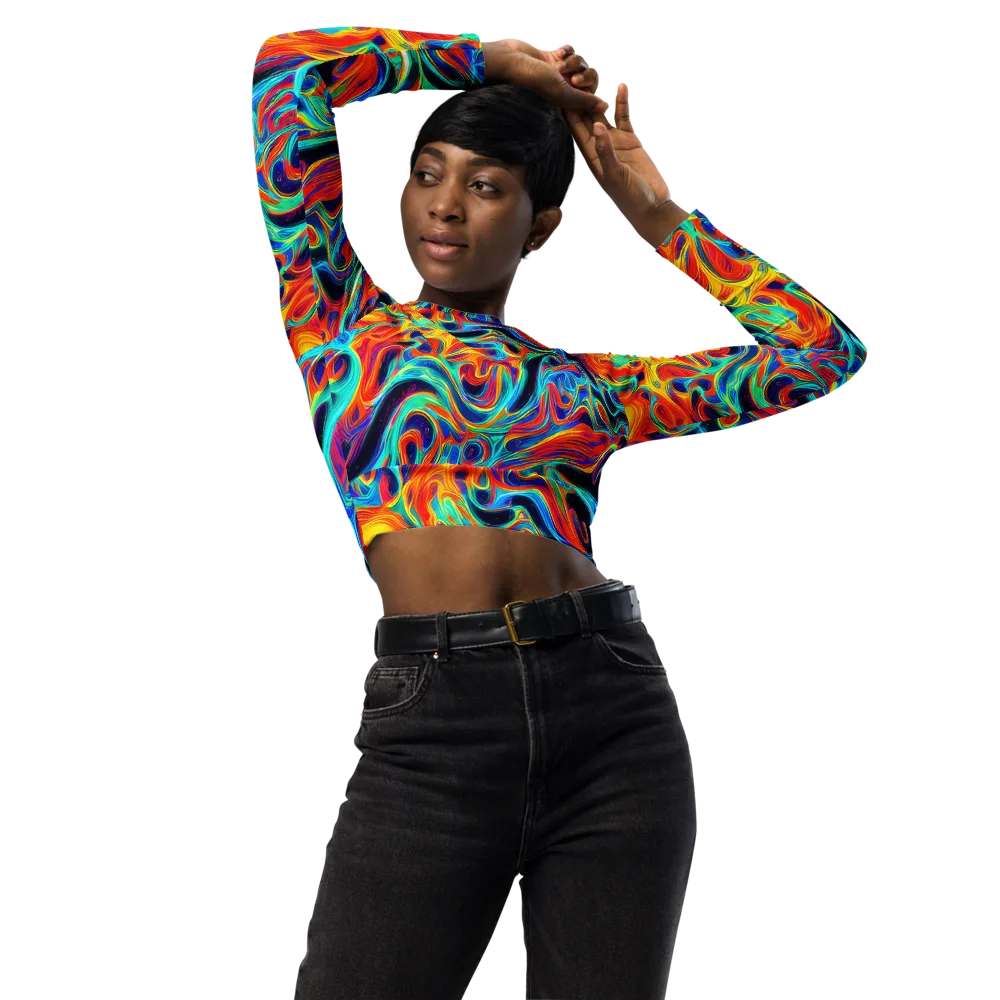 Cyan Ember Maze on Long Sleeve Crop Top — Front