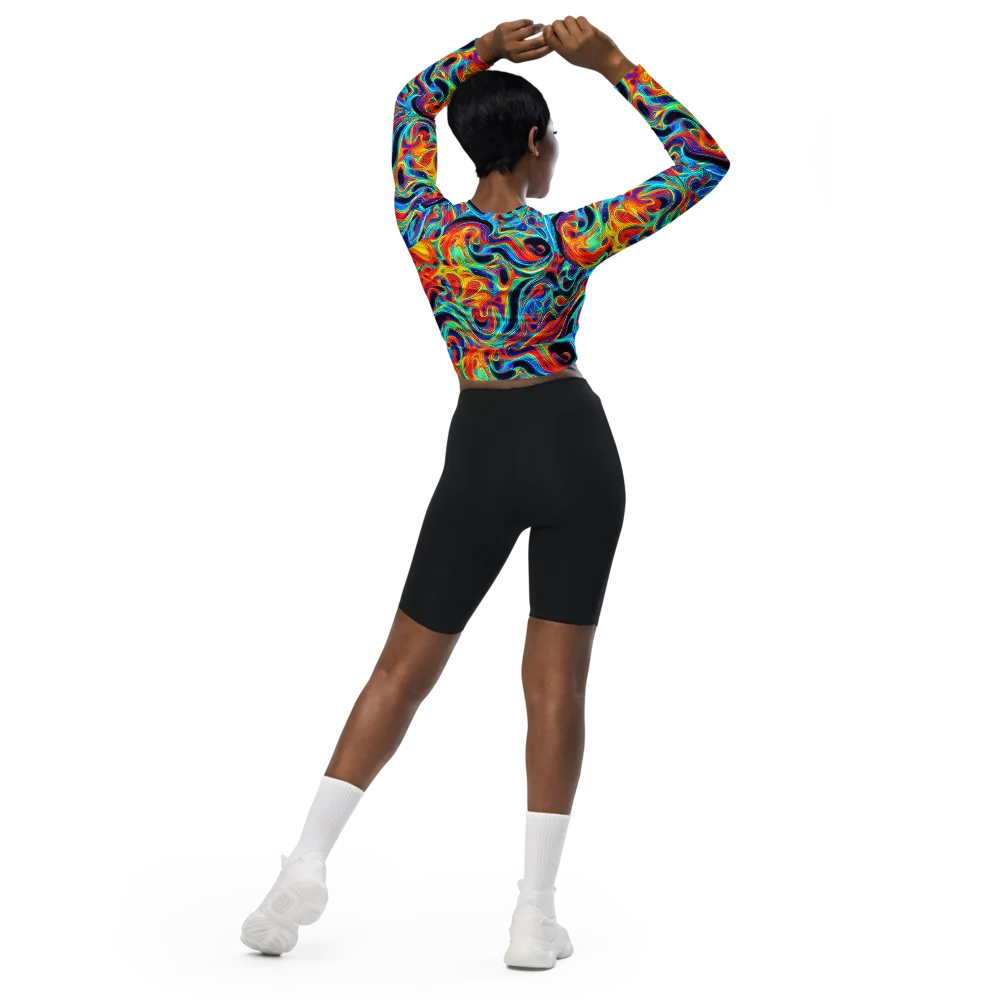 Cyan Ember Maze on Long Sleeve Crop Top — Back