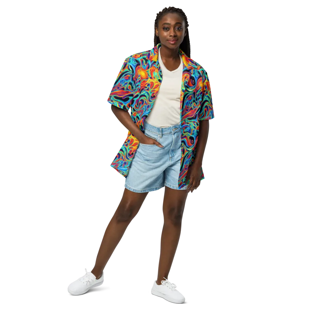 Cyan Ember Maze on Button Shirt — Front