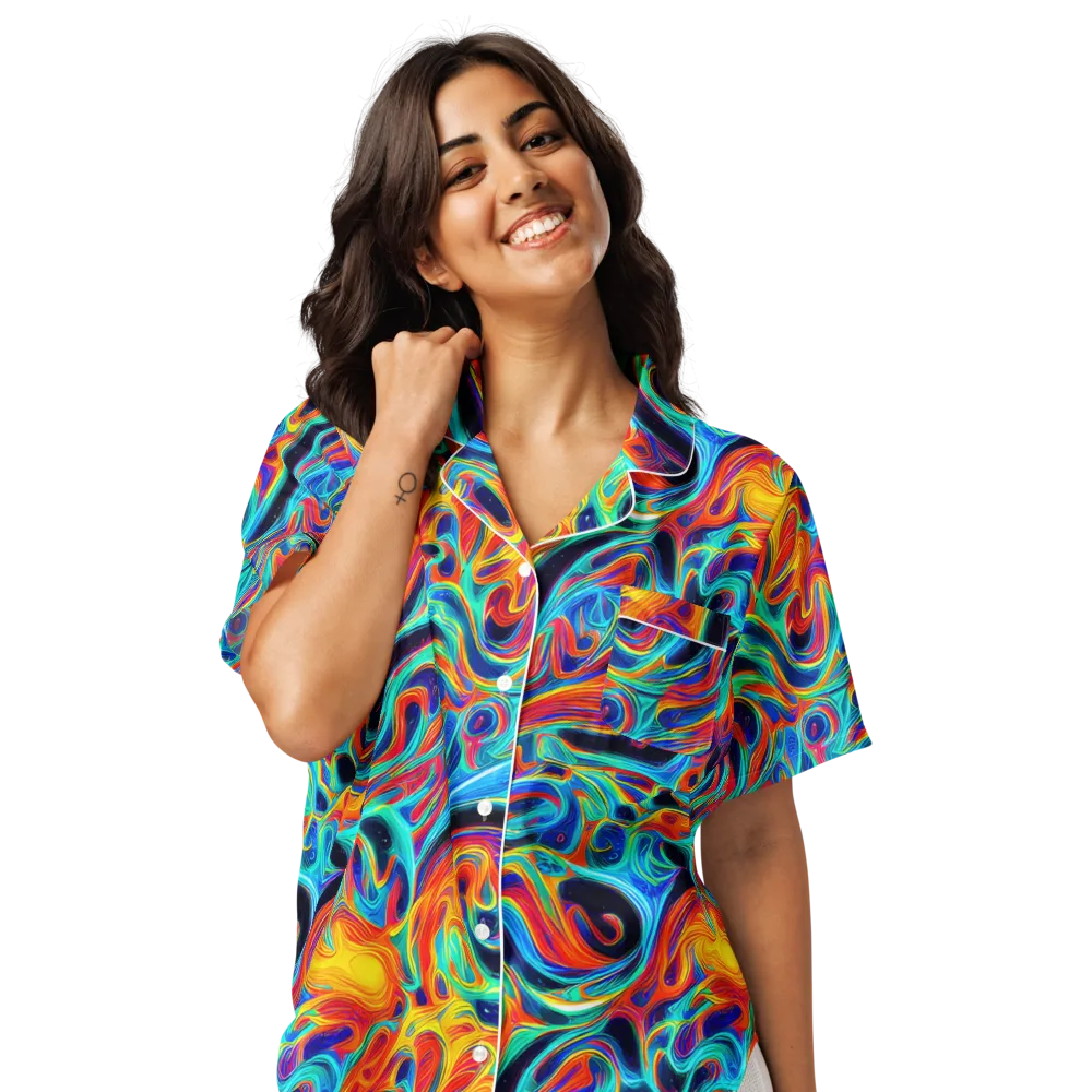 Cyan Ember Maze on Women's Short Sleeve Pajama Top — Front