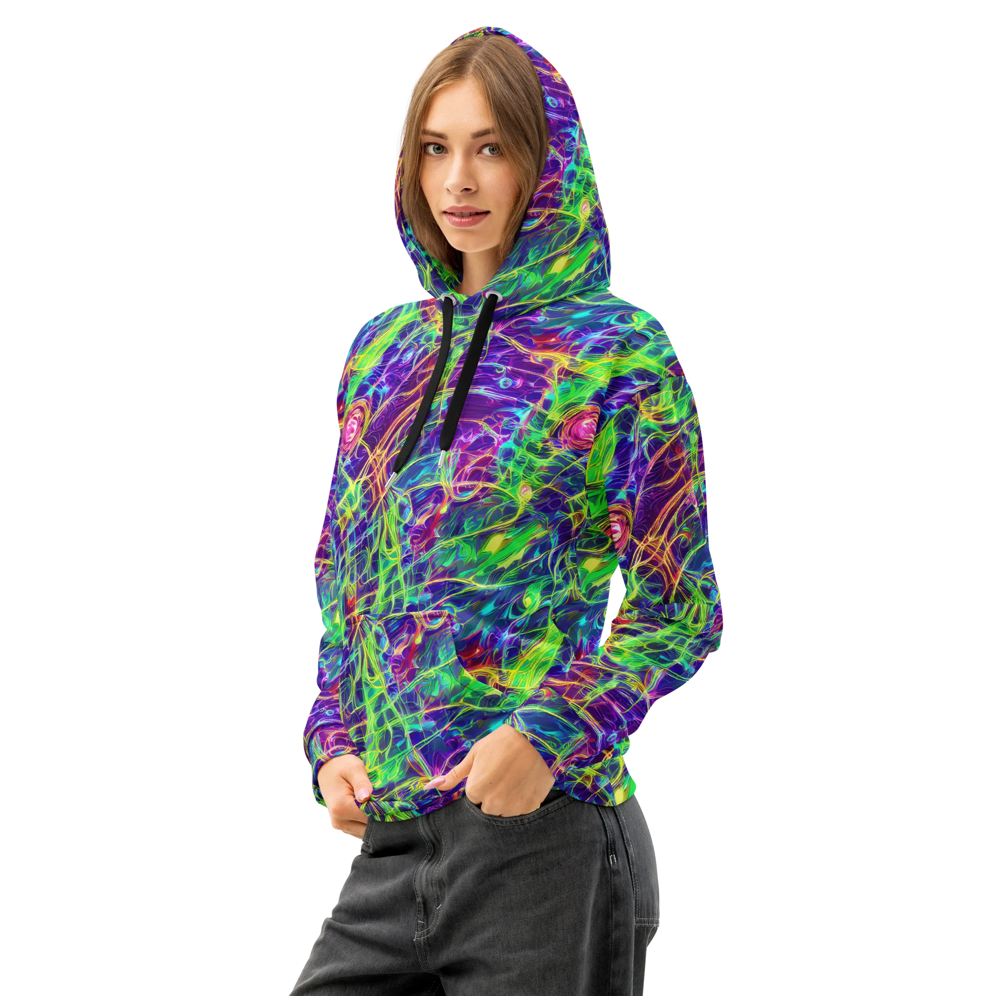 Fluorescent Vines on Cotton Hoodie — Left Front