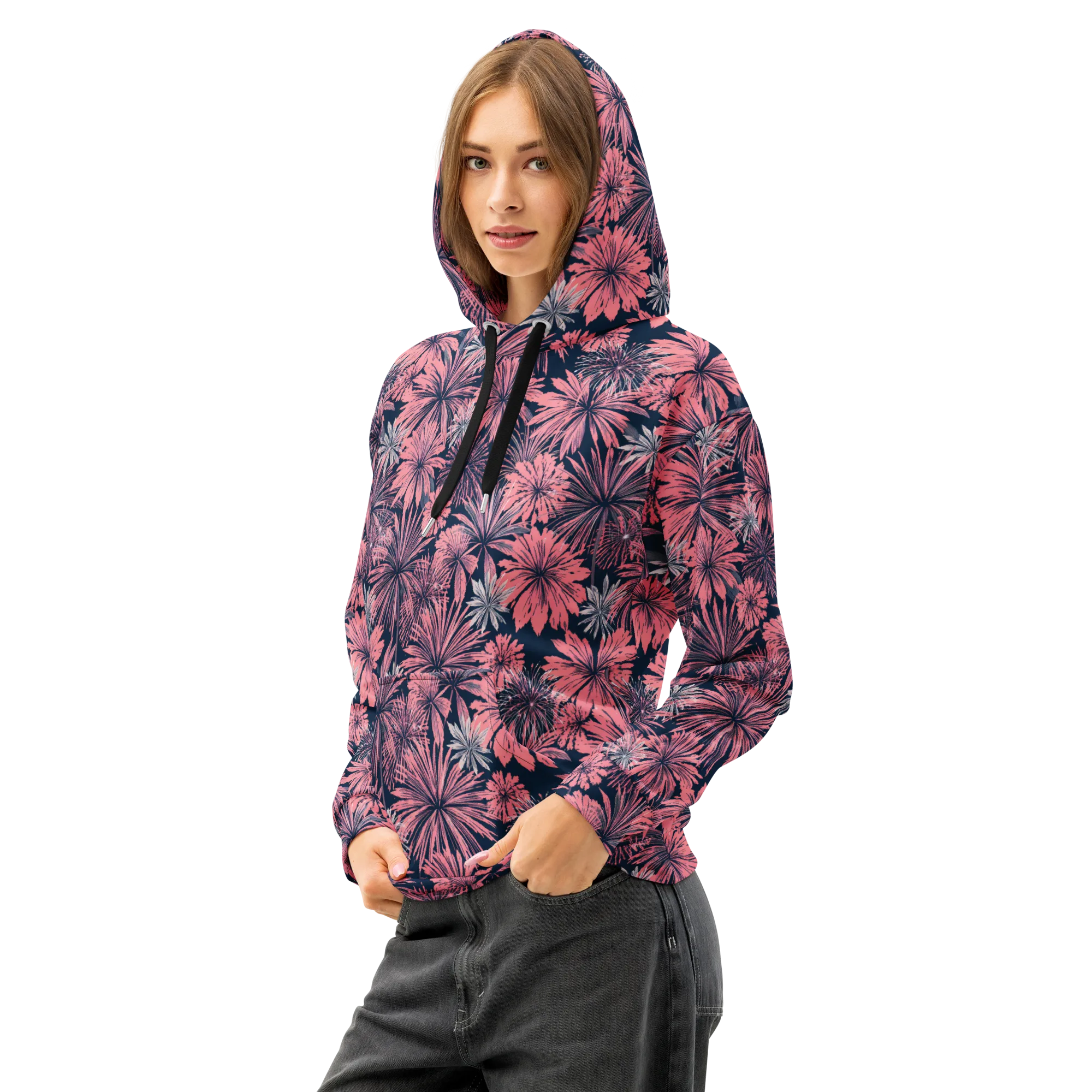 Midnight Coral Garden on Cotton Hoodie — Left Front