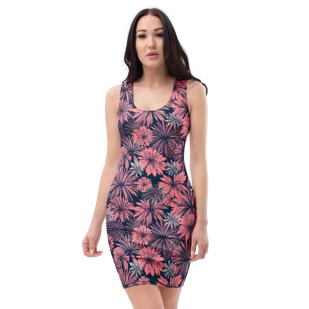 Midnight Coral Garden on Bodycon Dress — Front
