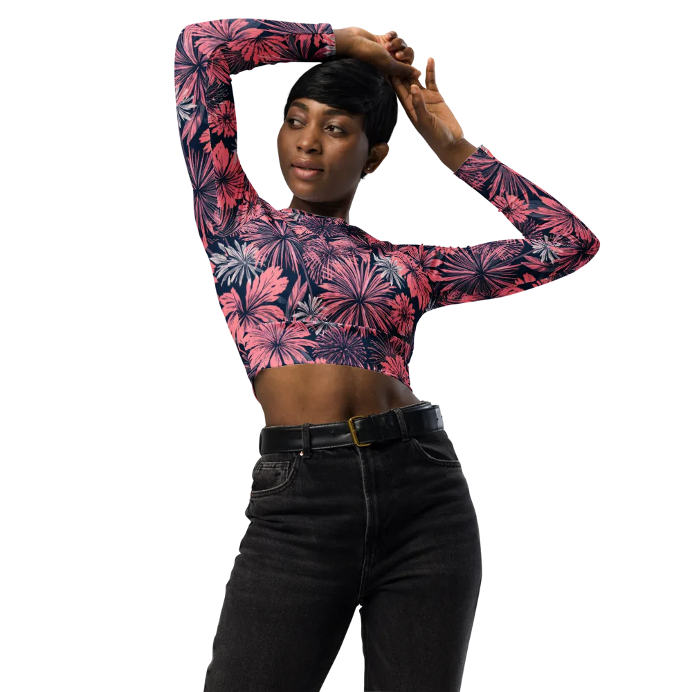 Midnight Coral Garden on Long Sleeve Crop Top — Front