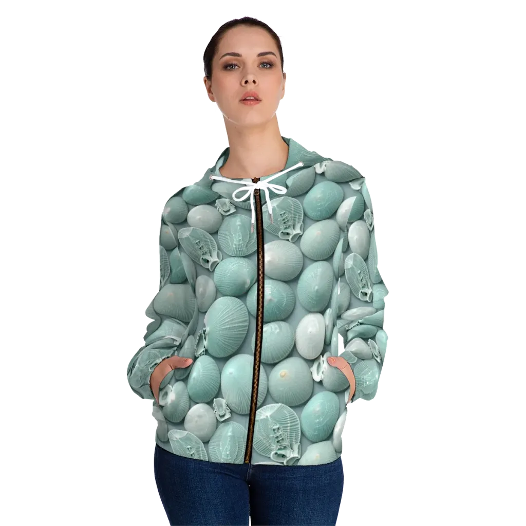 Minted Seashells on Women's Full-Zip Hoodie — Front On Person
