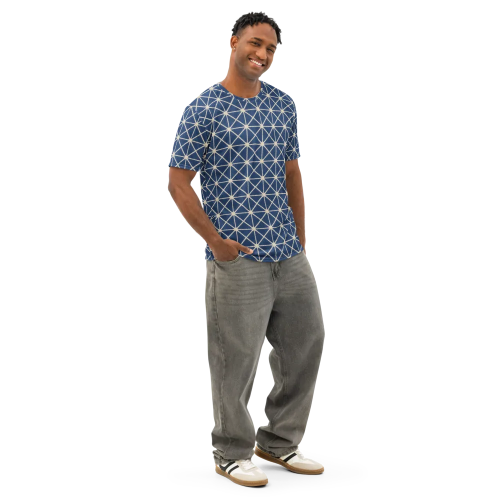 Indigo Star Lattice on Men's Cotton Crew Neck T-Shirt — Right Front