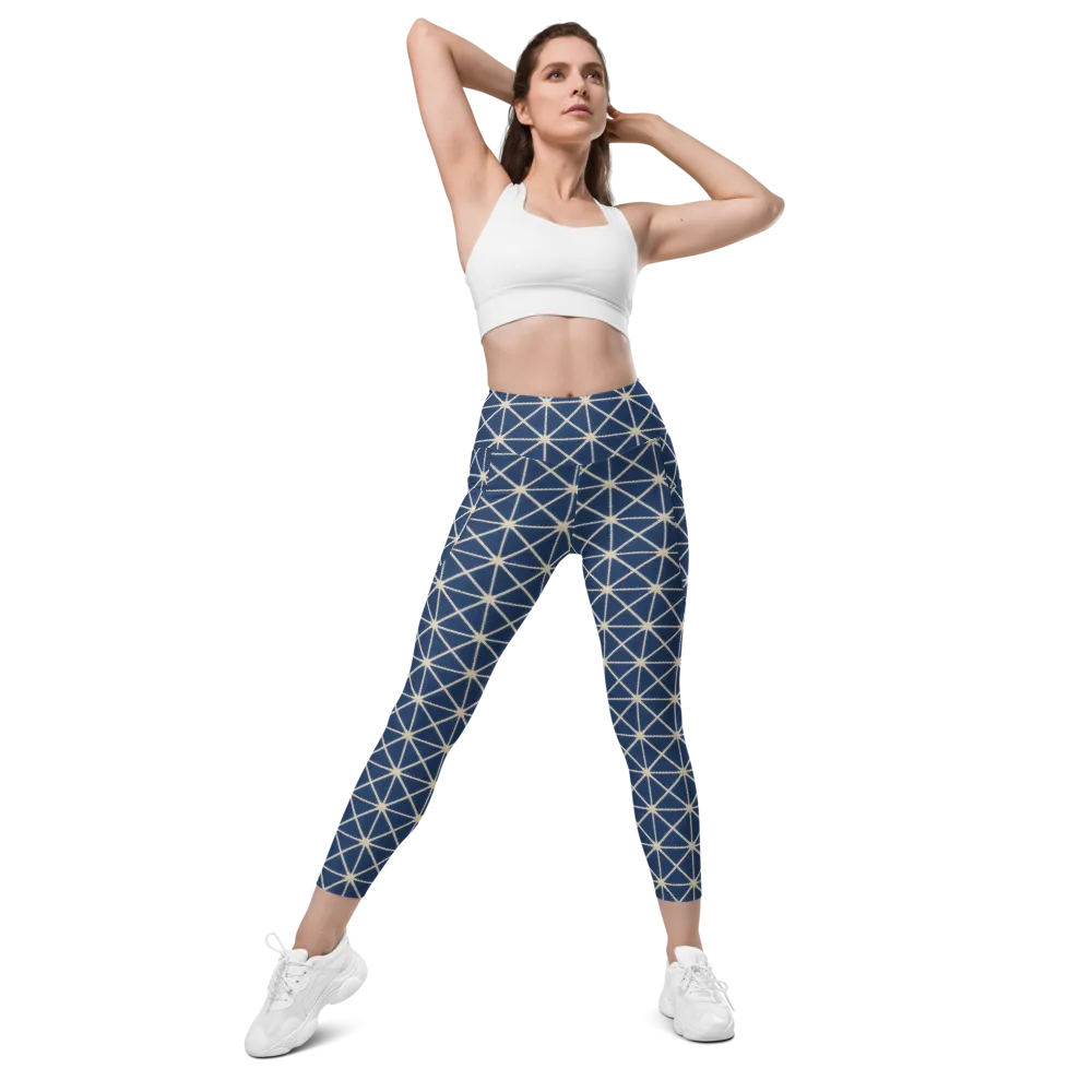 Indigo Star Lattice on Leggings with Pockets — Front