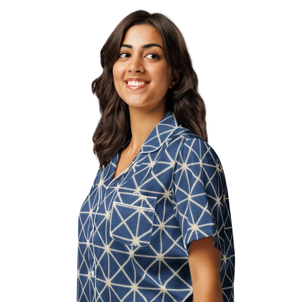Indigo Star Lattice on Women's Short Sleeve Pajama Top — Left Front