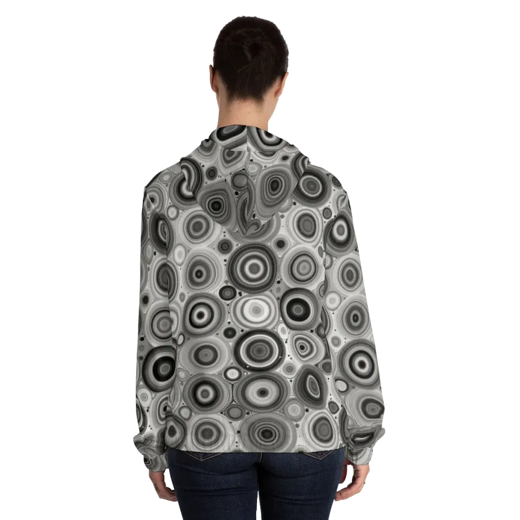 Monochrome Orbits on Women's Full-Zip Hoodie — Back On Person