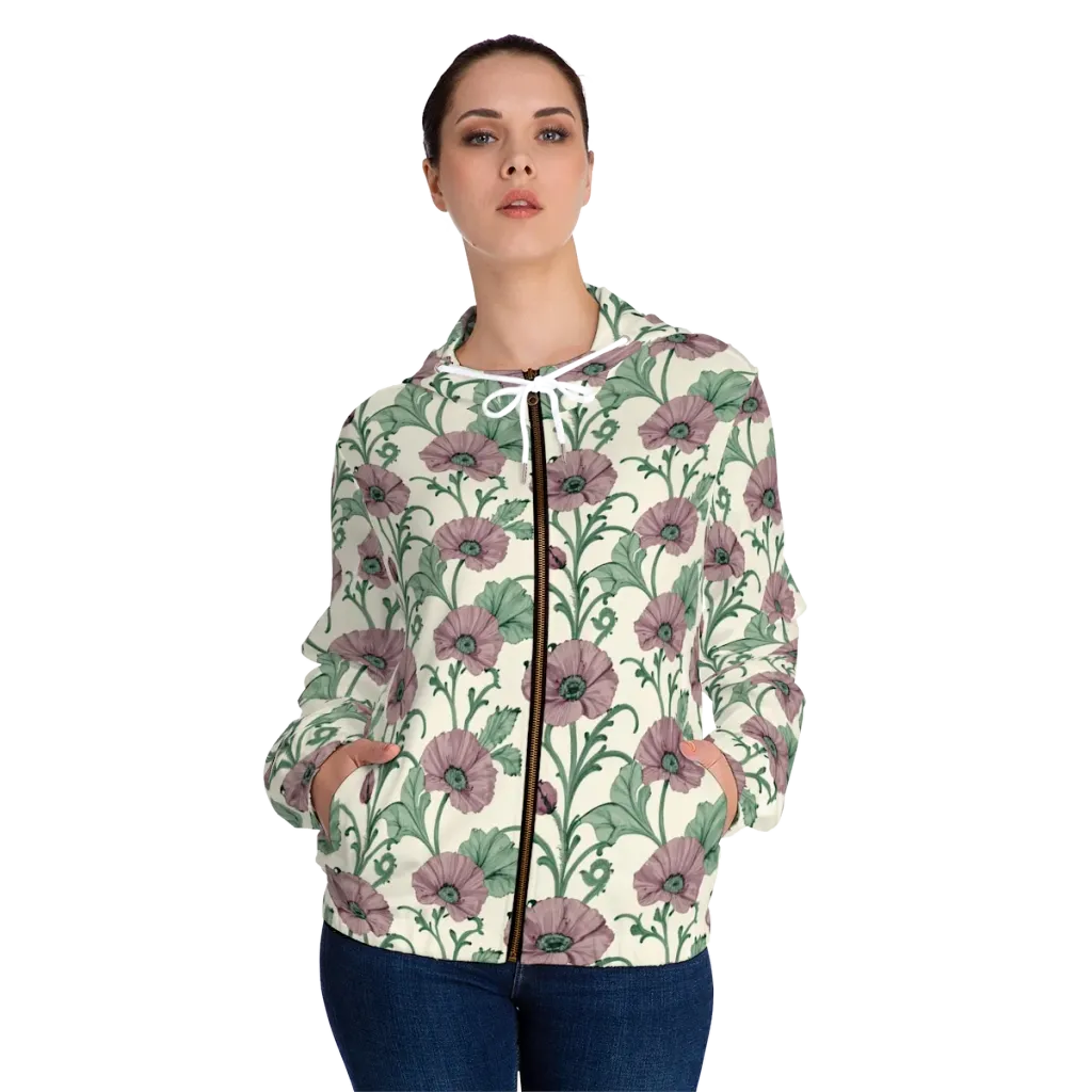 Mauve Poppy Reverie on Women's Full-Zip Hoodie — Front On Person