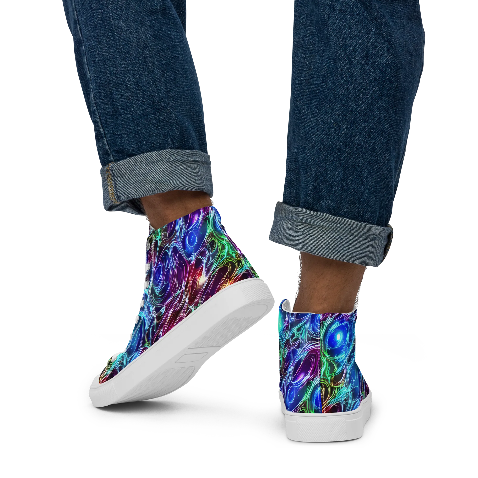 Electric Tides on Men's High Top Canvas Shoes — Back