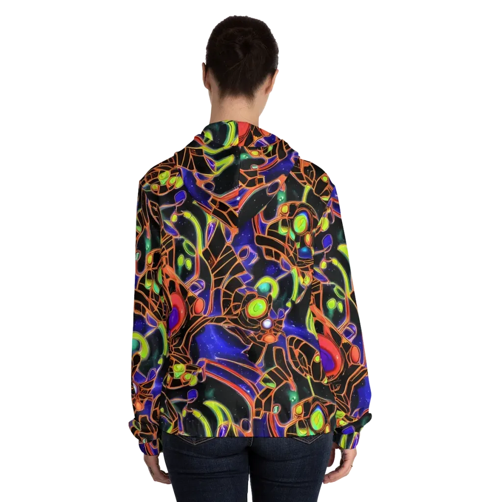 Cosmic Circuitry on Women's Full-Zip Hoodie — Back On Person