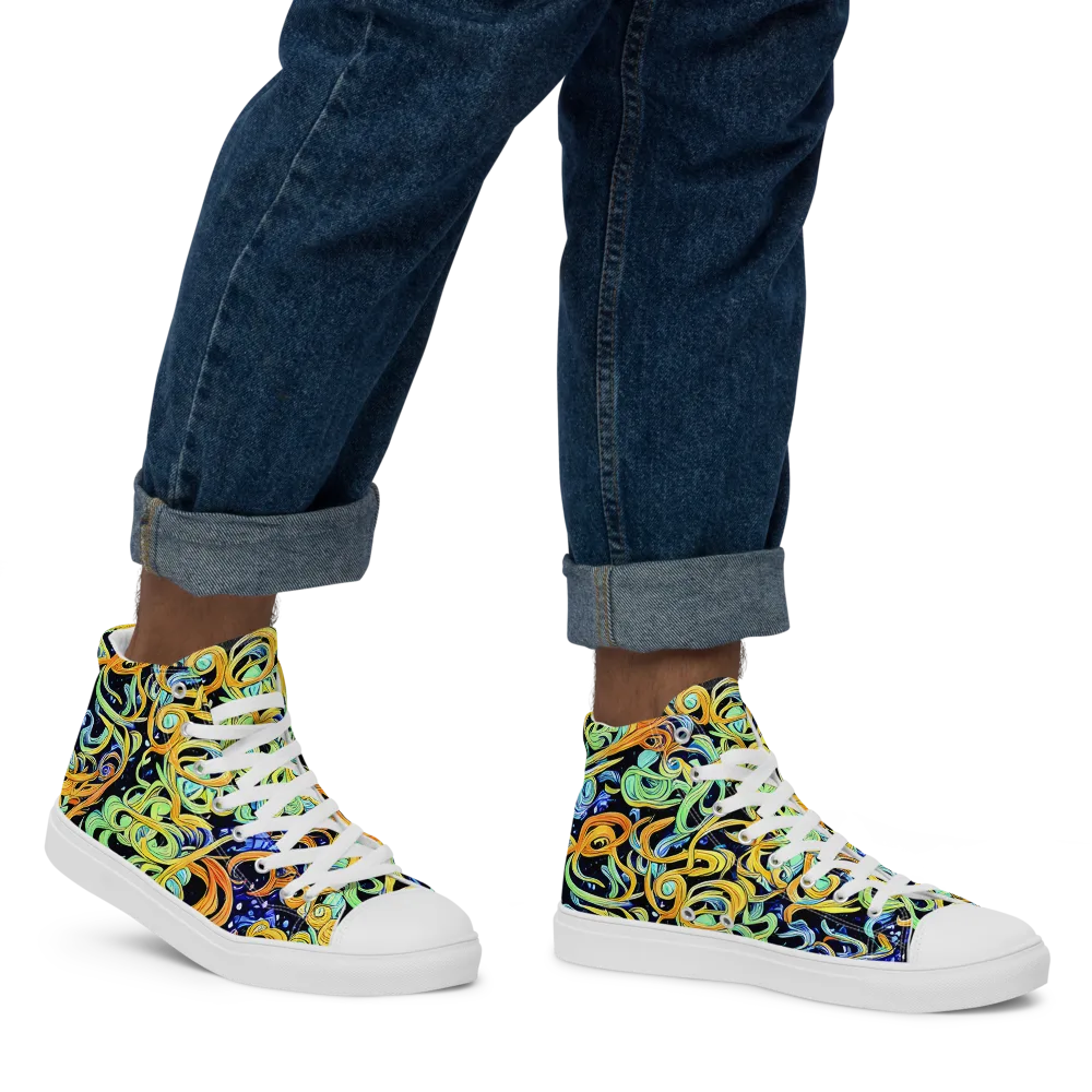 Midnight Ribbons on Men's High Top Canvas Shoes — Right