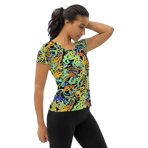 Midnight Ribbons on a Women's Athletic T-Shirt