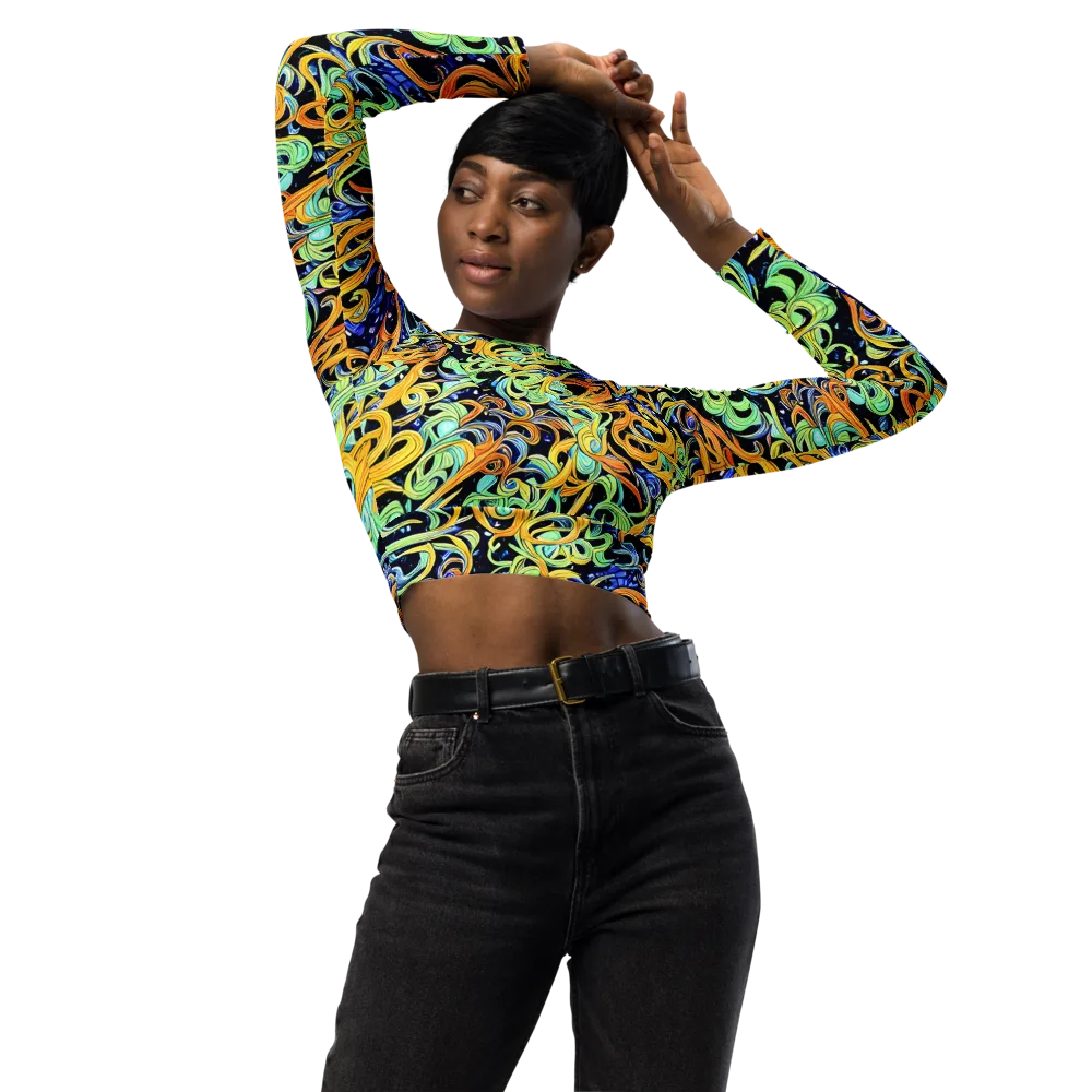 Midnight Ribbons on Long Sleeve Crop Top — Front