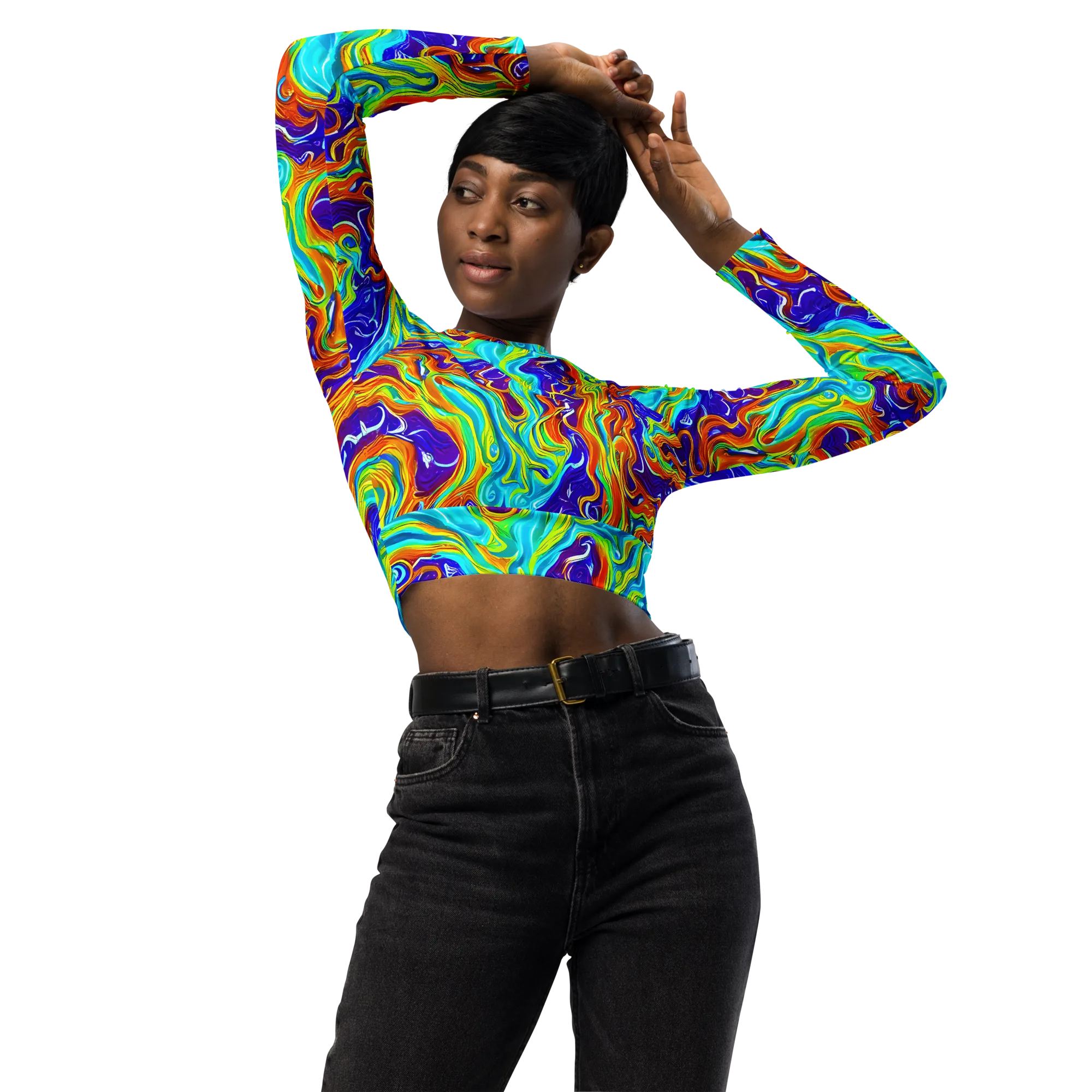 Liquid Carnival on Long Sleeve Crop Top — Front