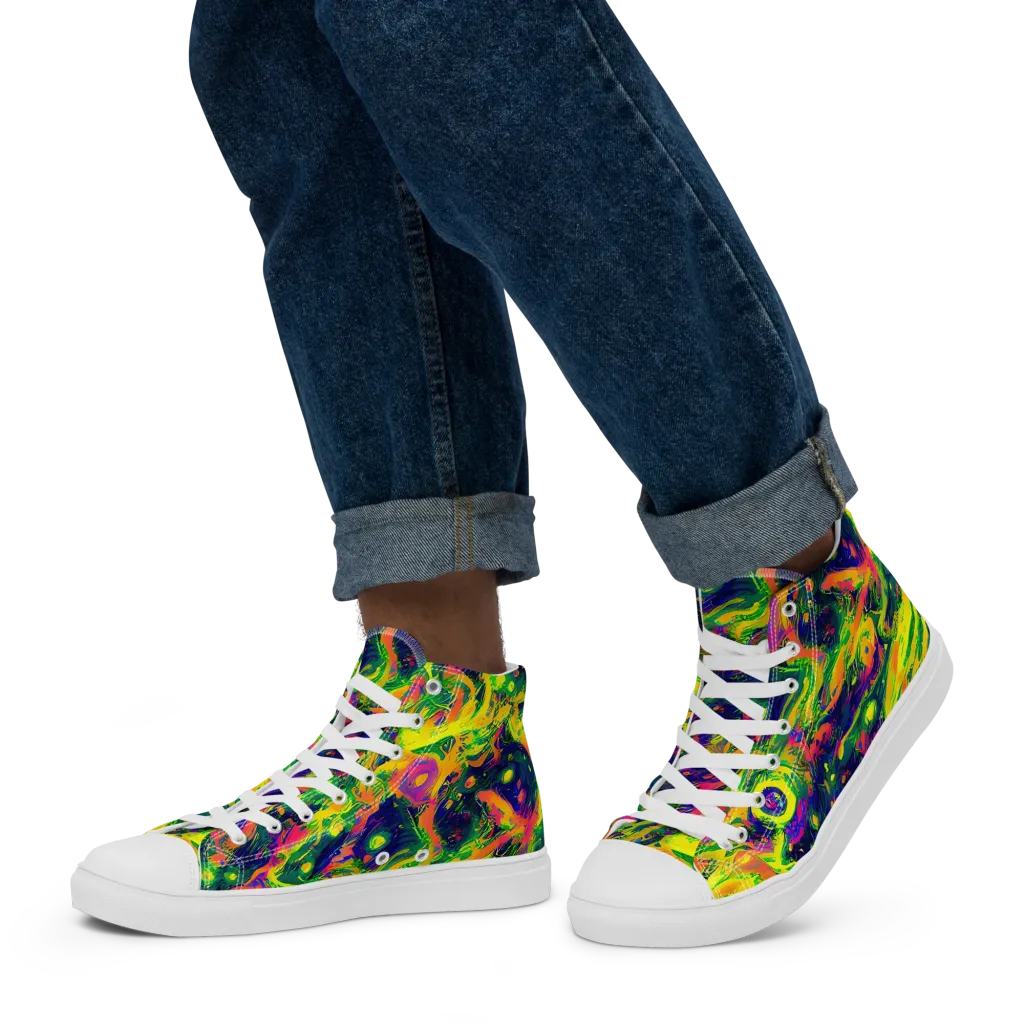 Fluorescent Frenzy on Men's High Top Canvas Shoes — Left