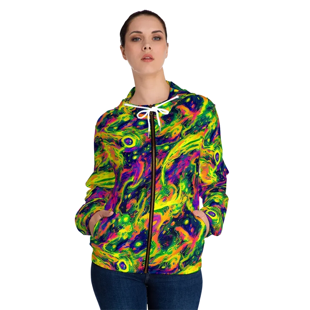 Fluorescent Frenzy on Women's Full-Zip Hoodie — Front On Person