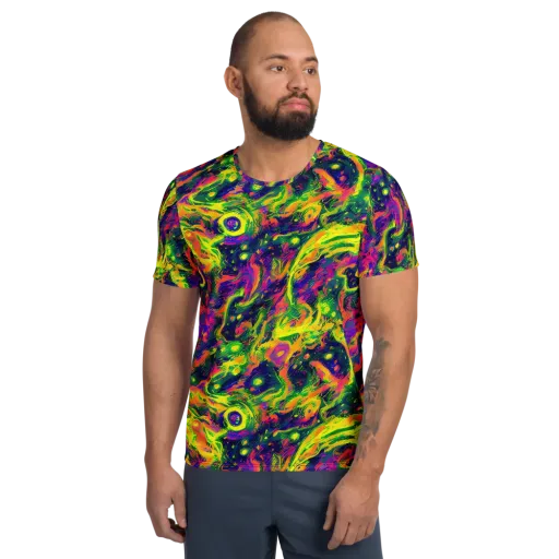 Fluorescent Frenzy on a Men's Athletic T-Shirt