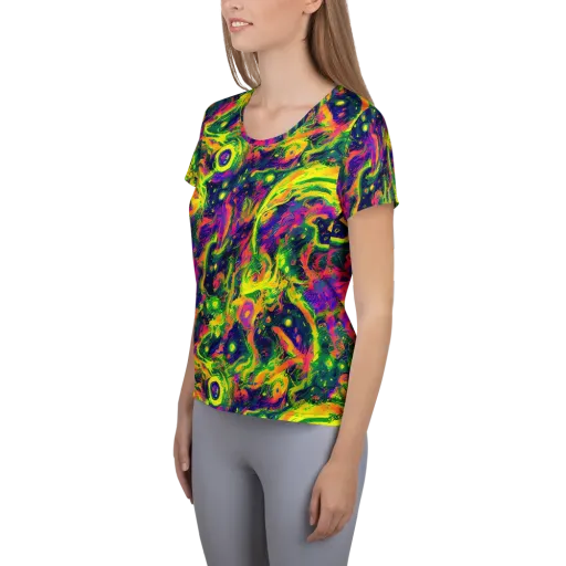 Fluorescent Frenzy on a Women's Athletic T-Shirt