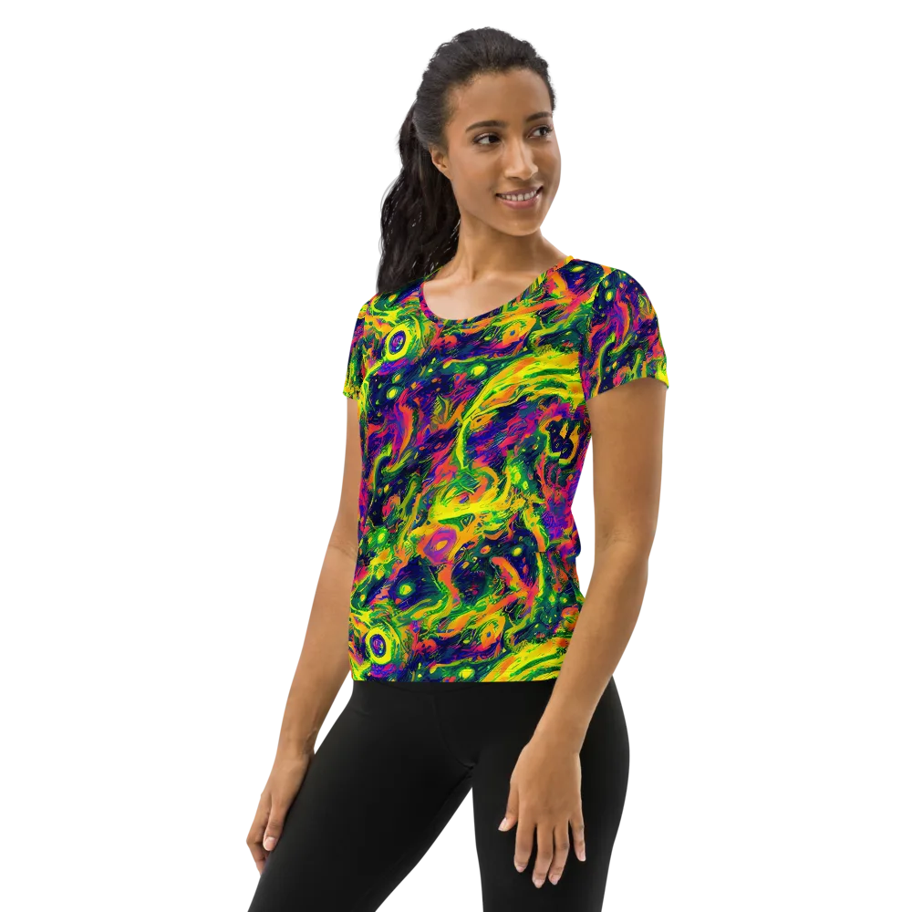 Fluorescent Frenzy on Women's Athletic T-Shirt — Left