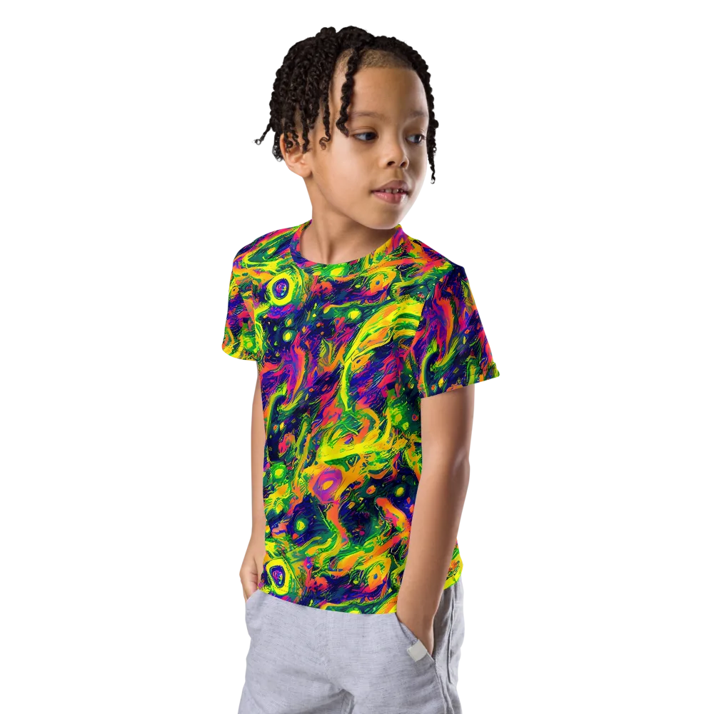 Fluorescent Frenzy on Kids Crew Neck T-Shirt — Left Front
