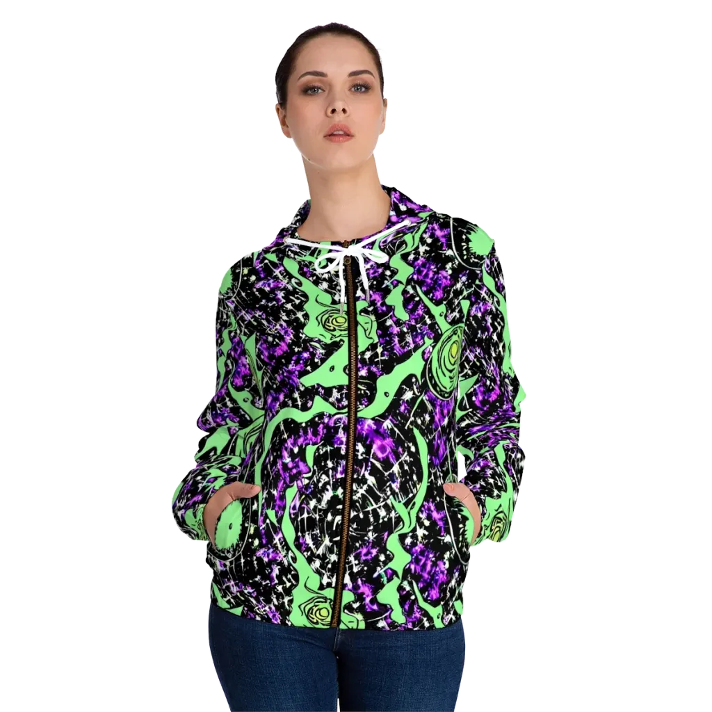 Neon Ink Garden on Women's Full-Zip Hoodie — Front On Person
