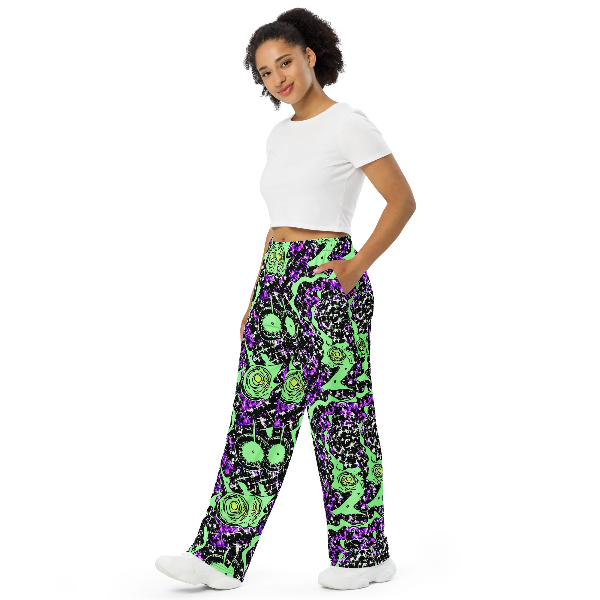 Neon Ink Garden on Wide-Leg Pants — Left Front