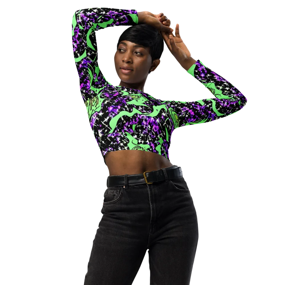 Neon Ink Garden on Long Sleeve Crop Top — Front