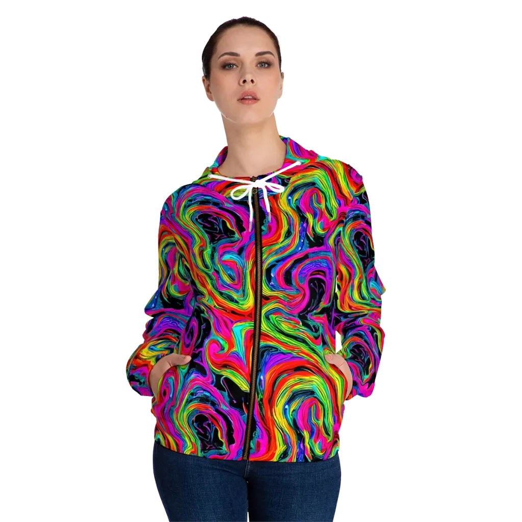 Fluorescent Current on Women's Full-Zip Hoodie — Front On Person